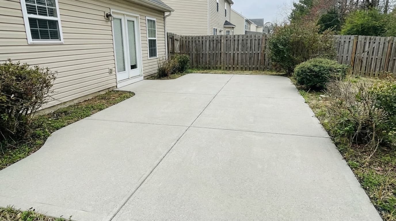 Bright cleaned concrete patio after washing and sealing