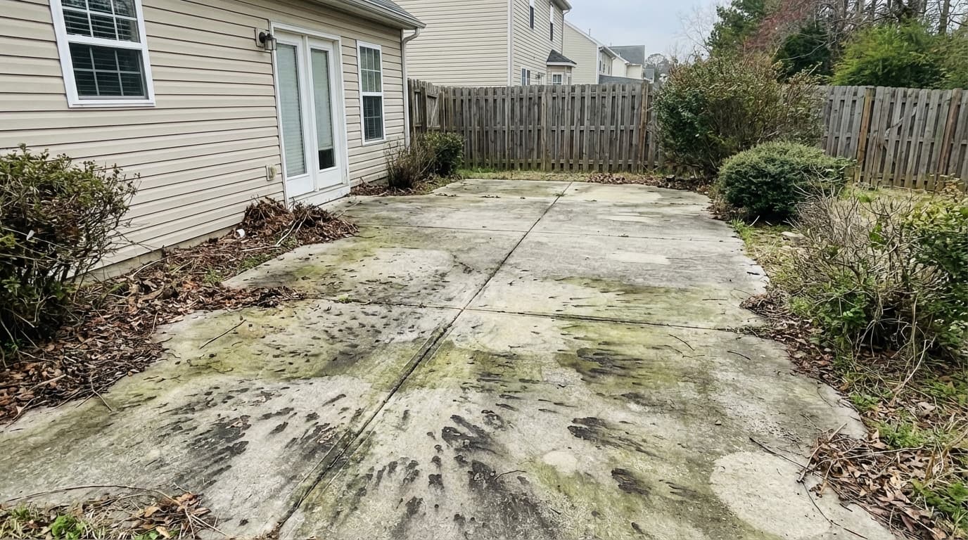 Dirty concrete patio before cleaning and sealing